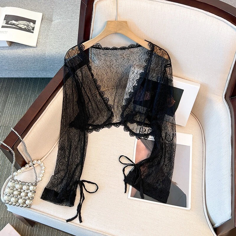 Donna Pizzo Trasparente Scialle Camicia Sottile Cardigan Floreale Fiocco Nappa - Immagine 4 di 4