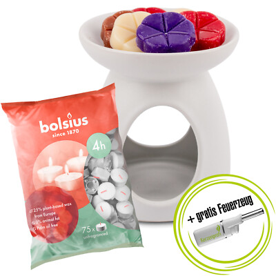 Geschenkset 1 x Duftlampe 6 Wax-Melts, 75 Teelichter und 1 Stabfeuerzeug