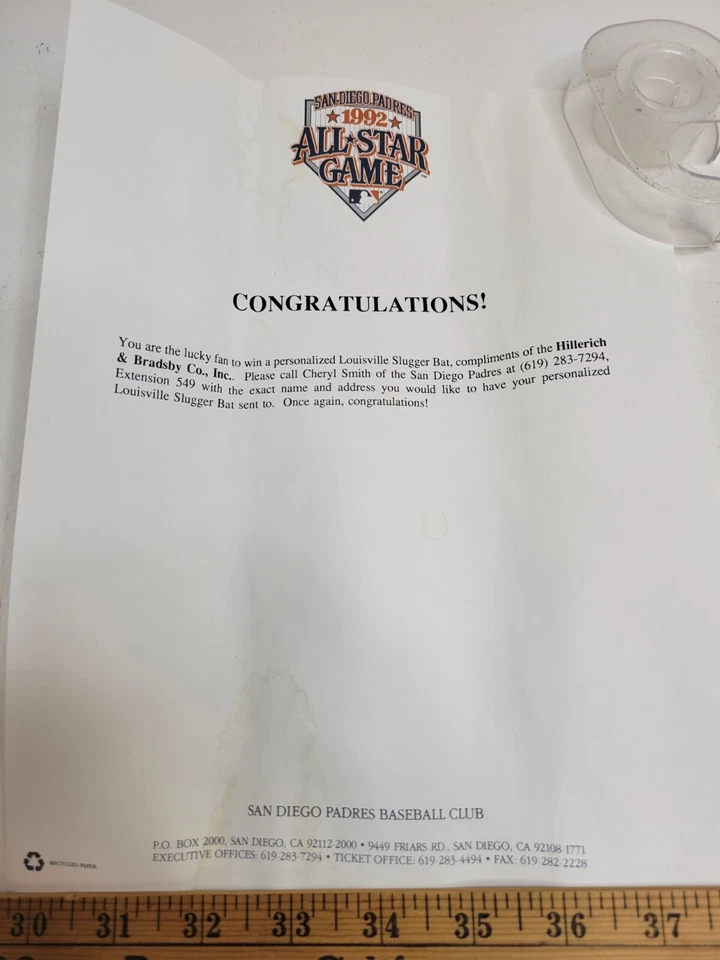 Padres Louisville Slugger Bat 1992 All Star 4 Signatures Gwynn McGriff Sheffield - Image 3 of 4