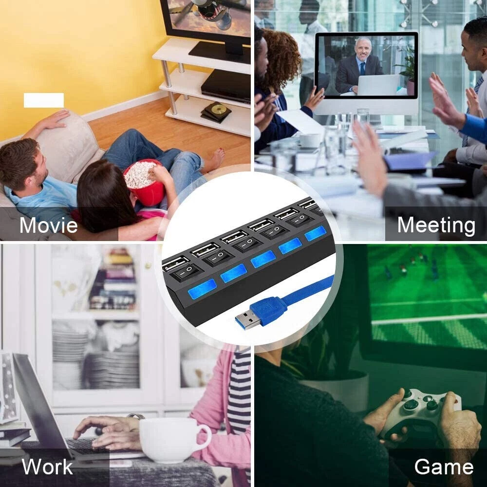 7-Port USB 3.0 Hub with Power Adapter & On/Off Switch for PC Laptop Mac