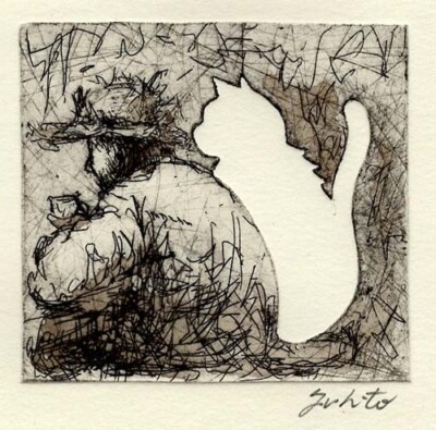 original etching signed art 「夜灯（YATO）」Fuhito Fujimiya Japanese Printmaker 「Cat 」