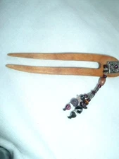 Victorian Jeweled Agate Carved 5" Wooden Silver Hair Stick