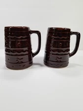 2 Marcrest Stoneware Daisy & Dot Handled Mugs Tankards Vintage Brown Glaze USA