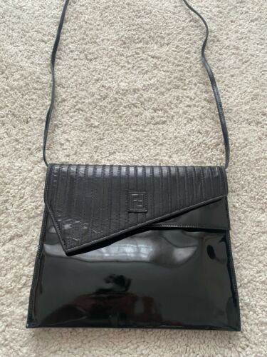 Fendi 80's Vintage Black Patent Leather Clutch Crossbody Bag Shoulder Folder - Picture 1 of 12