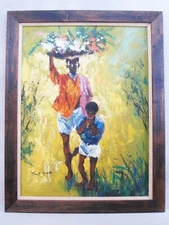 Colorful Mid-Century Male Portrait Painting, Framed Original Tropical Wall Art