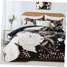 Full Queen Size Quilt Set,White Gold Floral Full/Queen 90"x96" Black Floral