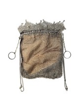 Antique Metal Mesh Drawstring Coin Purse Silver Tone Original Liner