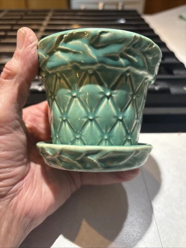 Vintage McCoy Pottery Turquoise Quilted Diamond Leaf Planter