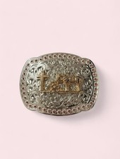 Embellished Silver-Tone Western Cross Horse Belt Buckle - Pink Accent