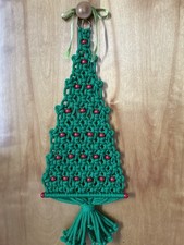 VINTAGE HANDMADE MACRAME CHRISTMAS TREE WITH RED WOOD BEADS