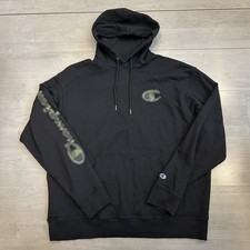 Champion Powerblend Hoodie 2XL Black Mesh Camo Logo Pullover Sweatshirt