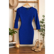 Express y2k Textured Crinkle Bodycon Mini Dress XS Royal Blue 3/4 Sleeve Stretch