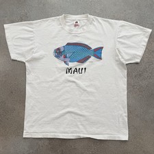 Vintage 80s Maui Hawaii Fish Tee Shirt XL White 1987 Surf Beach Travel Ocean