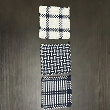 Handmade 3 navy and white  multiple patterns Cotton Woven Potholders 