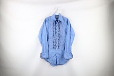 Vintage 60s Streetwear Mens Size 14 Gothic Ruffled Tuxedo Button Shirt Blue USA