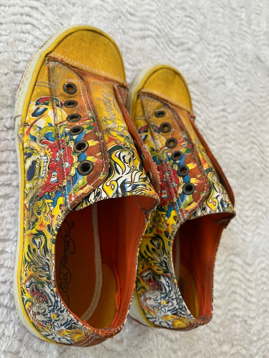 Ed Hardy Women's US size 6 Dragon Yellow Slipons Canvas
