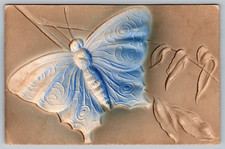 Postcard Greetings Embossed Blue Butterfly On A Branch Vintage c1920 I1
