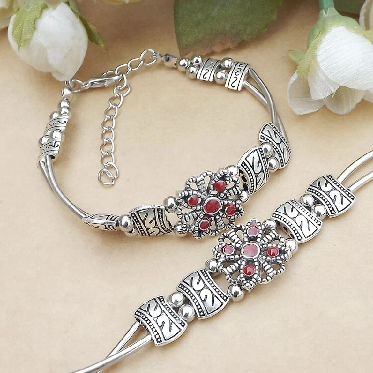 Ladies Jewelry Tibetan Silver Bracelet Red Bead Bangle Woman Bracelet - Image 2 of 2