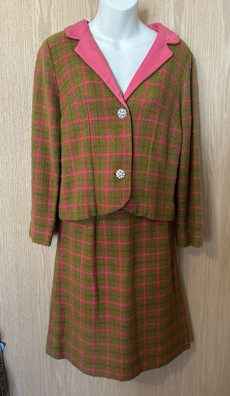Vintage Brown W/ Pink Plaid Tweed Skirt Suit 60s