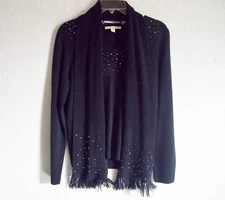 Carolyn Taylor Black Sweater and Detachable Fringe Scarf Set V-Neck Pullover