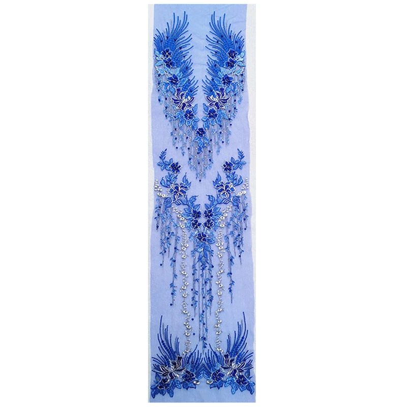 2x Long Embroidery Lace Appliques Patch Faux Pearl Beading Flower Clothing Shiny - Image 3 of 4