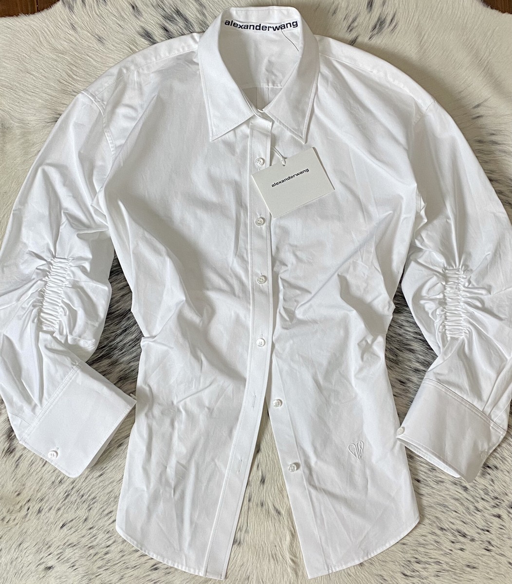ALEXANDER WANG CINCHED SLEEVE BUTTON DOWN SHIRT, SZ 4 WHITE NWOT