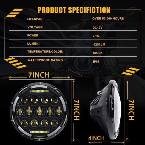 TURBO SII Pair 7 Inch Round Black Led Headlights With DRL Hi/lo Beam For Jeep... - Picture 2 of 6