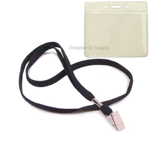 LOT 200 NECK STRAPS LANYARD WITH CLIP (BLACK) + 200 CLEAR VINYL ID BADGE HOLDERS - Picture 1 of 5