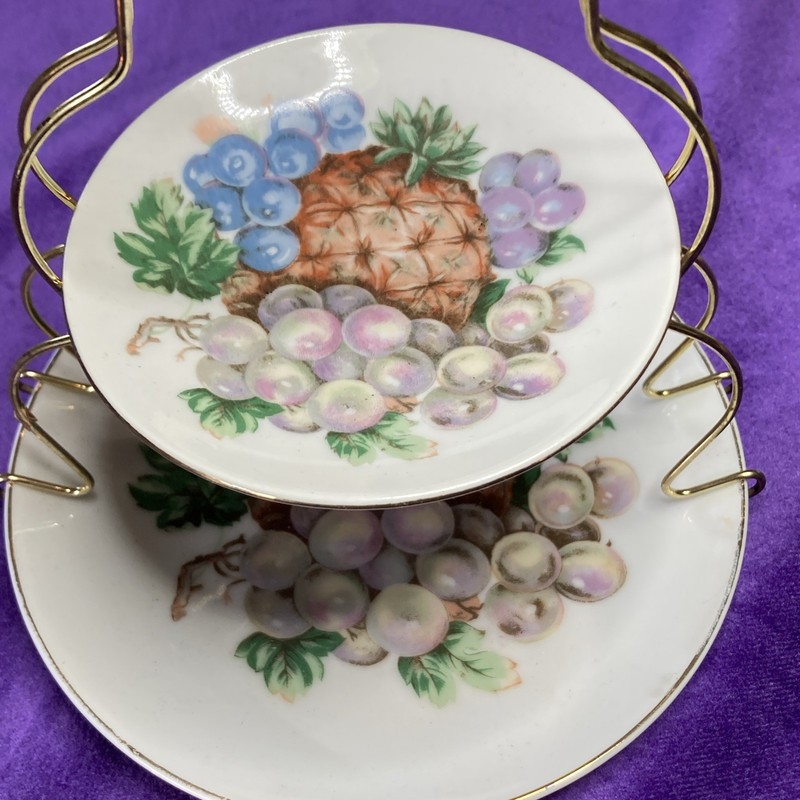 2-Tier Fruit Pattern Porcelain Serving Tray Stand w/ 2 Plates Metal Handle