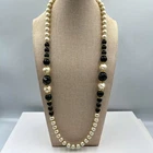 Vintage Faux Pearl & Black Bead Long Necklace Gold Tone Accents Costume Jewelry