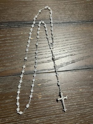 Avon Rosary Silver Tone White Beads and Blue Stones W/ Box Vintage Prayer Beads