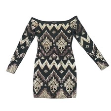 Express Womens Dress Black Gold Metallic Aztec Sequin Off Shoulder Bodycon Small