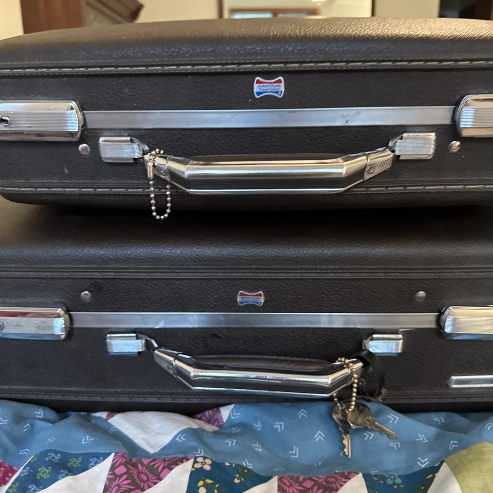 VTG Lot (2) American Tourister Briefcases Hard Shell Brown Leather S/M Luggage - Image 2 of 4