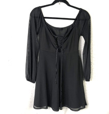 Y2K Corset Dress Womens XS Black Mesh Sleeve Fit Flare Lace Up Goth Babydoll