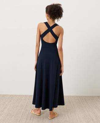 NEW PACT Organic Fit & Flare Open Back Maxi Dress, Navy | eBay