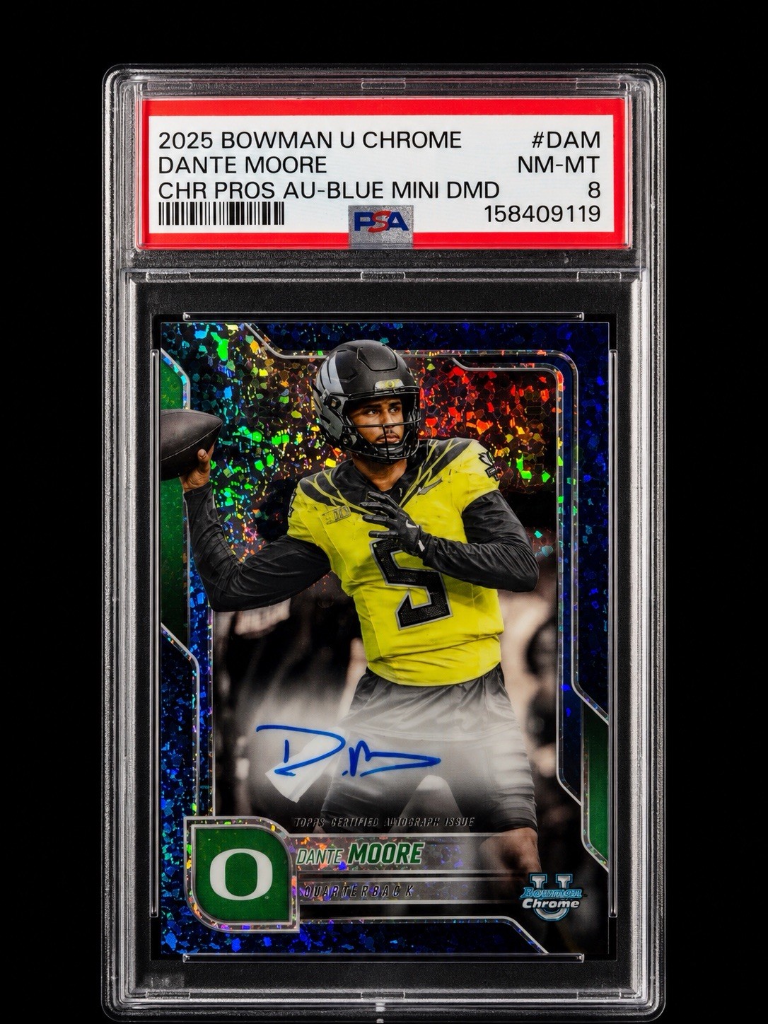 Dante Moore 2025 Bowman U Chrome Blue Mini Diamond Auto PSA 8 Oregon #/??