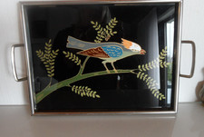 Altes Tablett 36cm mit Griffen, Metallrand Vogelmotiv