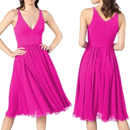 Abito The Population Alicia Chiffon Pizzo Fit & Flare Midi Abito Scuro Fucsia Med - Foto 2 di 12