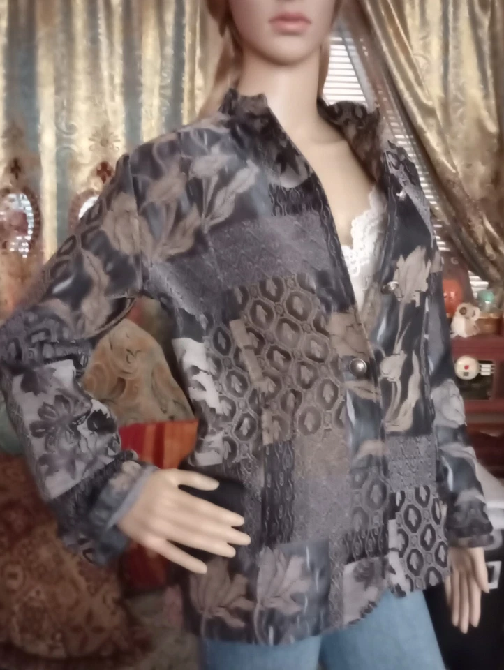 Mujer Boho Elegante Blazer Chaqueta Abrigo Negro Gris y Tostado Floral Pequeño Med JA01 Foto 3 de 4