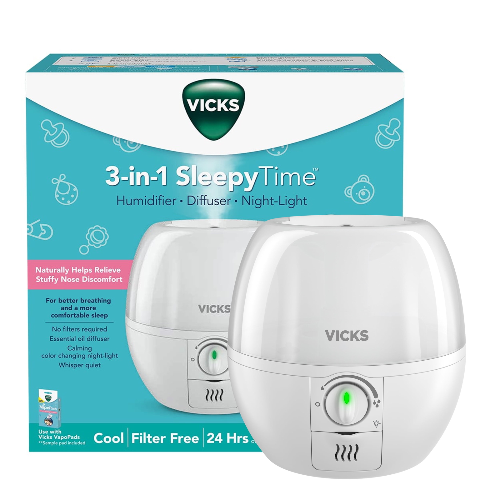 Vicks 3-in-1 Sleepy 0.6 gal Time Humidifier with Nightlight, VUL500