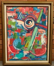 Vintage MCM Abstract Oil Painting Modern Art Wall Hanging Signed Asher 70s