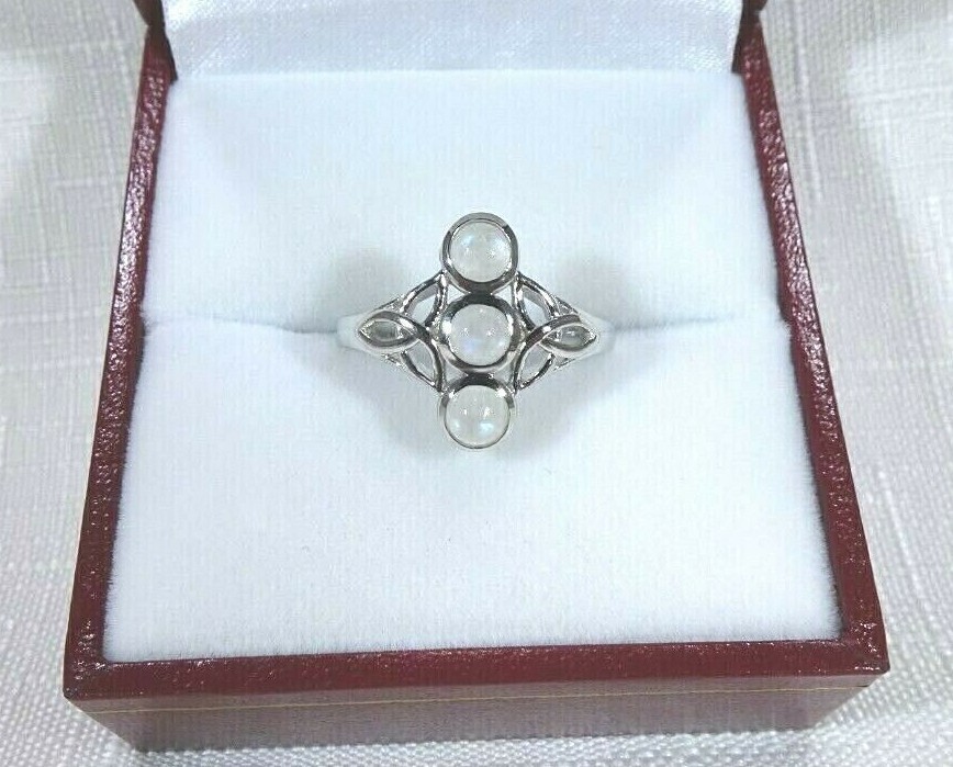 8x6mm Natural Oval Moonstone Ring - White Gold Plated Sterling Silver With Celtic Triquetra Knot