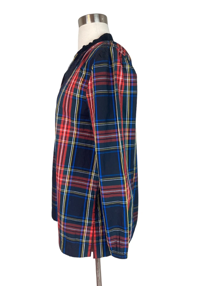 J Crew Tunic Top S Black Stewart Tartan Plaid Velvet-Trimmed V-Veck Holidays - Image 2 of 4