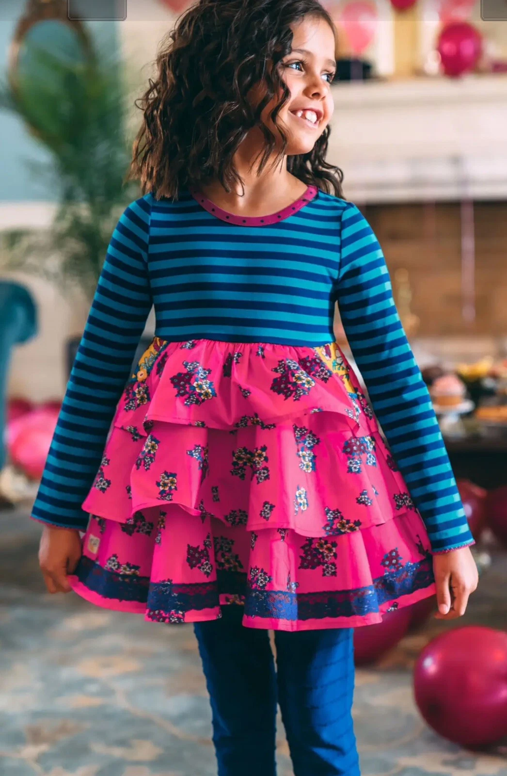 Girls Wildflowers clothing Long Sleeve Blue Stripe Pink Floral Tunic Top 10 NWOT