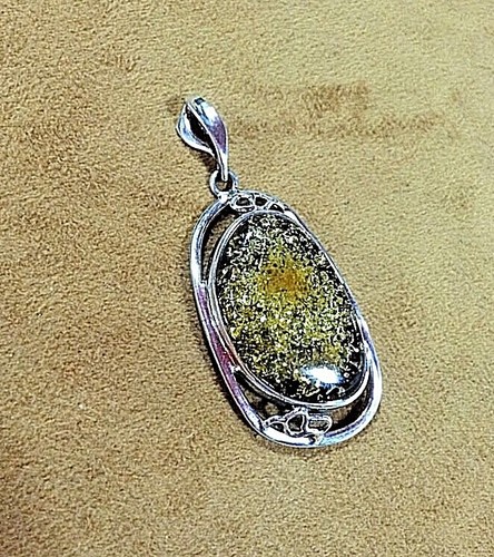 Ciondolo ovale argento sterling .925 ~ ambra baltica verde naturale 1" x 2 1/2" - Foto 5 di 11