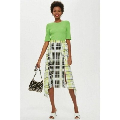 TOPSHOP Midi Plaid Asymmetrical Skirt Neon Yellow Black Grey