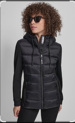 DKNY Women's Mixed Media Puffer Jacket Black Size Large NWT