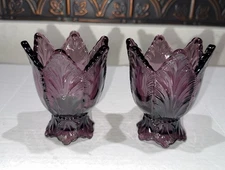 Fenton Purple Amethyst Tulip Shaped 2 Way Candle Holder Votive Taper Pair 4.25”