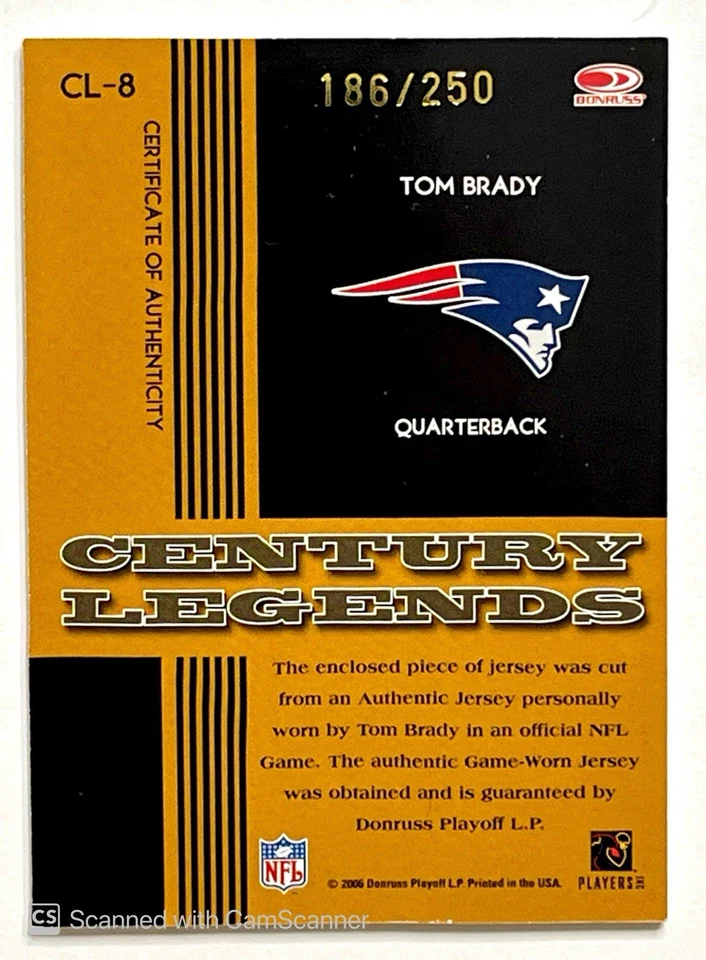 2006 Donruss Threads Century Legends Material /250 #CL-8 Tom Brady - Image 2 of 2