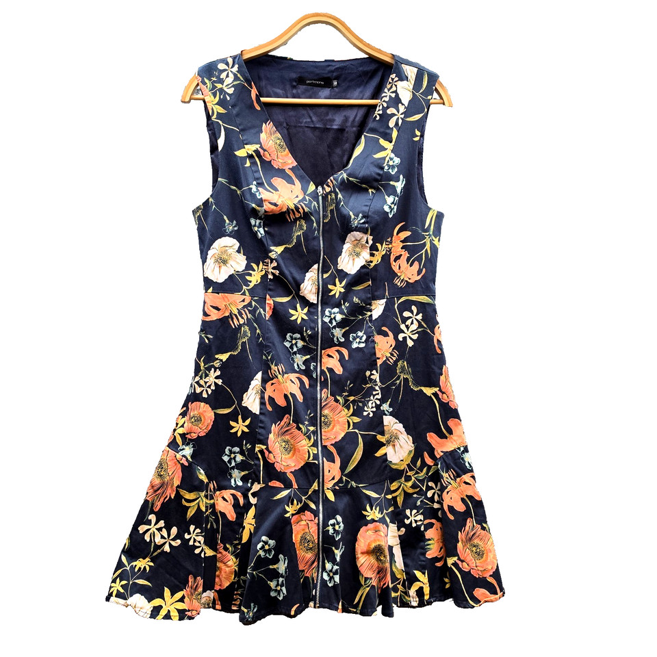 Portmans Dress Womens A-line Mini Size 14 Navy Blue Orange Floral Zip Front